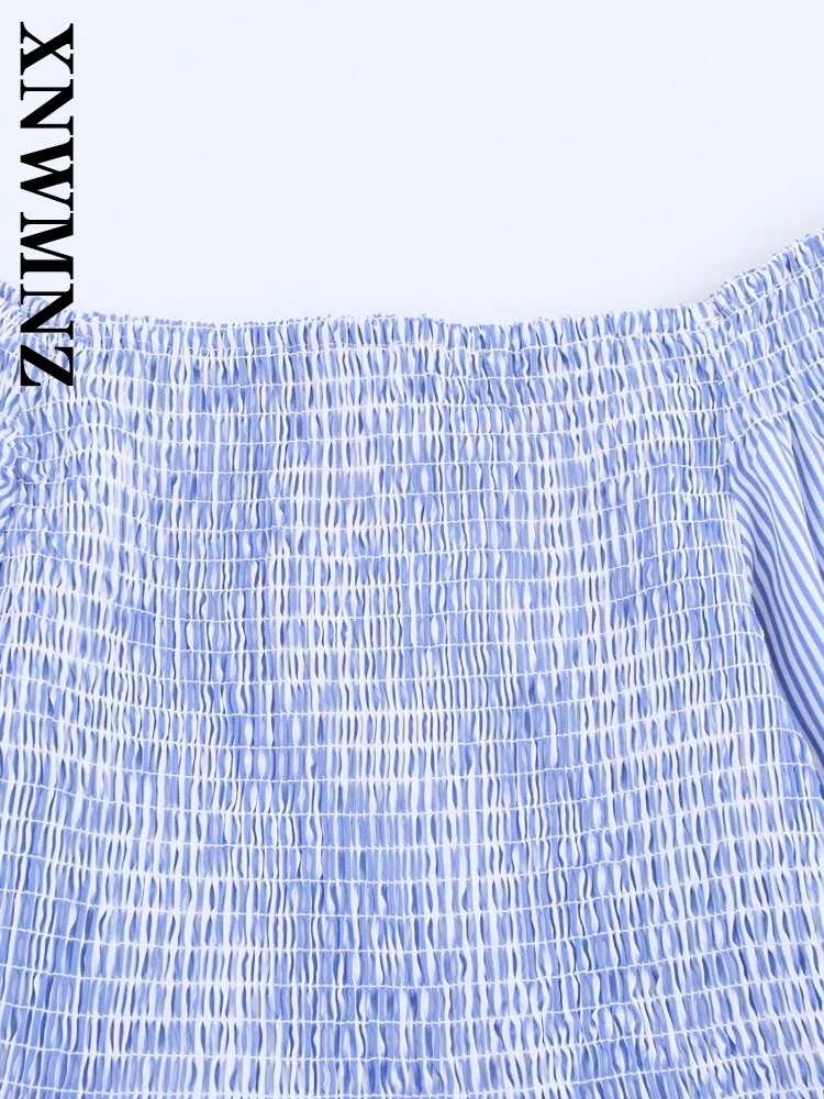 XNWMNZ 2025 Summer New Lady Holiday boho Square Collar midi Dresses Chic Fashion Women Clothing Blue Short Sleeve Pleated dress