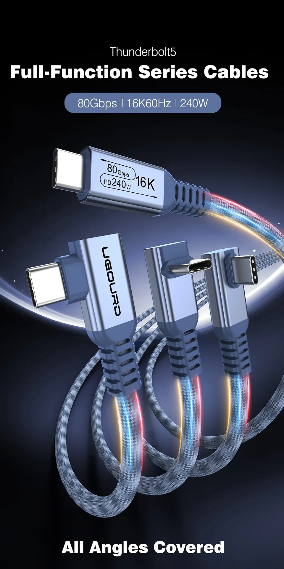 UGOURD Thunderbolt 5 USB4 Gen4 Kabel 90-Grad-Winkelstecker 80Gbps 16K Geflochtenes USB-C-zu-C 240W Schnellladekabel für EGPU – Detail 1
