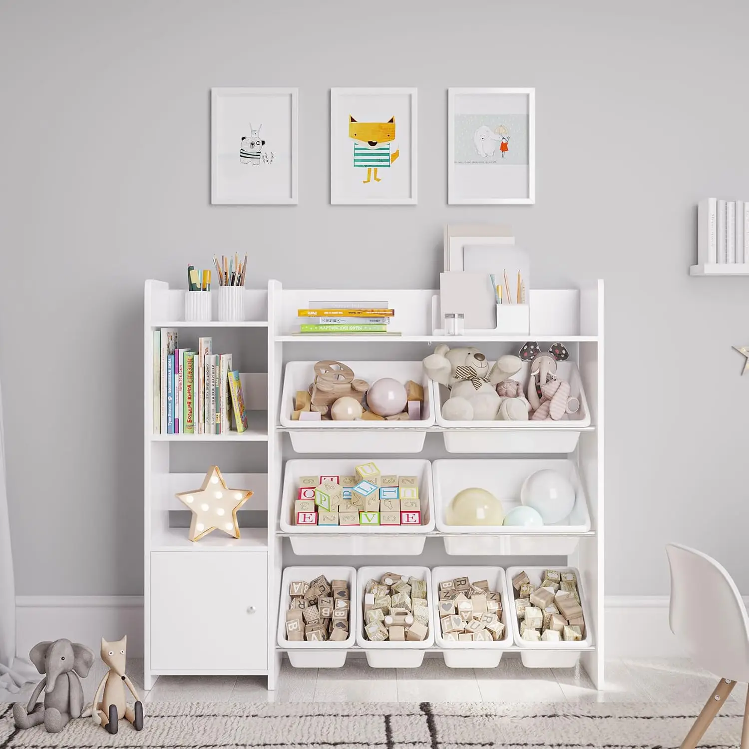 

Bookshelf, Kids Playroom Organization Shelving Unit with Removable Storage Bins & Safety Anti-Tip Bracket