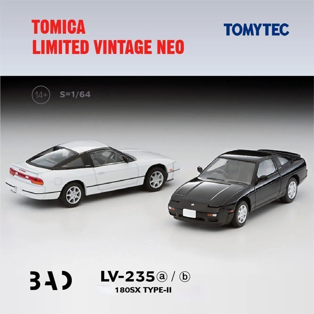 Tomytec Tomica TLV 1/64 LV-N235a/B Nissan 180SX TYPE II Black White Die-cast alloy car model collection display gift