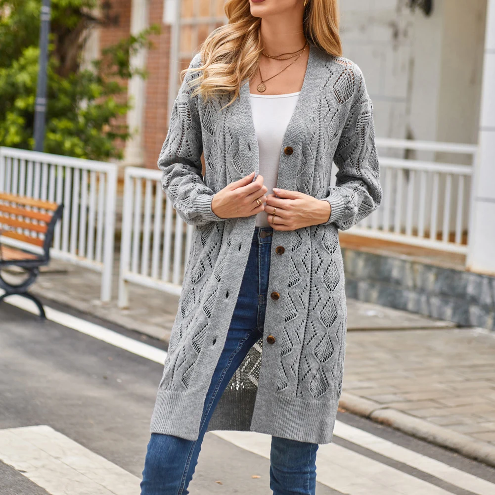 GK Women Winter Warm Hollowed Out Long Sleeve Cardigan Side Slit Mid-Thigh Length Button Up Sweater Female Slim Fit Sweater