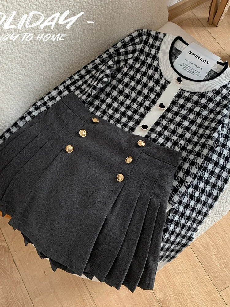 Autumn Winter Women Korean Vintage 2000s Aesthetic Outfits 2 Piece Set Plaid Long Sleeve Crop Cardigan Sweaters + Mini Skirt New