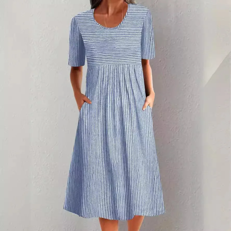 

2025 Summer Women's Stripe Dress Pullover Fashion Casual Printed O-Neck Short-sleeved Pocket High Waist Midi Skirt