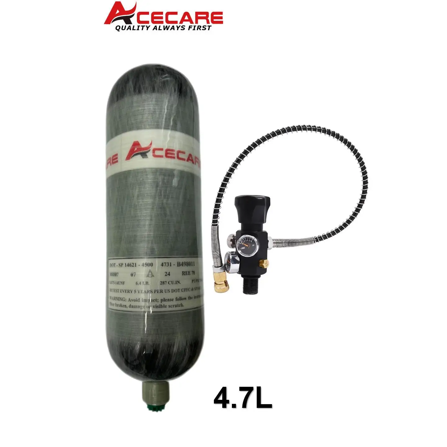 Acecare DOT certified 4.7L 30Mpa 300Bar 4500Psi PCP Tank SCUBA Diving Carbon Fiber air Cylinder Fill Station Dual Gauge Valve