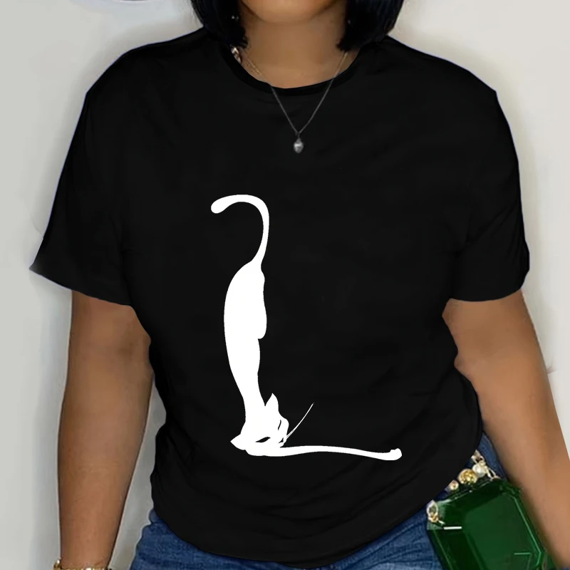 Funny Comic Cartoon Cat Print T Shirt Women Fashion Plus Size Round Neck Classic Tops Harajuku Kitten Trend Lover Female Tshirt