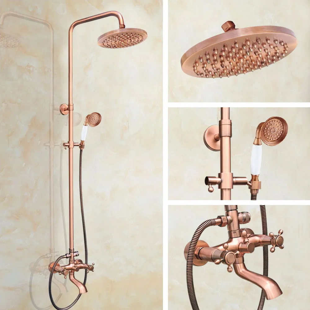 Rainfall Wall Mount Bath Shower Mixer Taps Antique Red Copper Bathroom Shower Set Dual Handle Shower Faucet Tub Spout zrg516