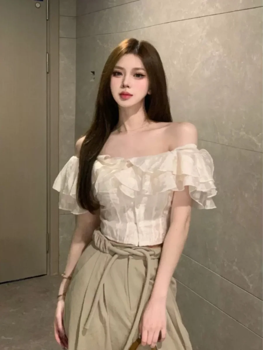 

Summer 2024 Women's Slim Fit Short Shoulder Shirt with Lace Hemline Spicy Girl Top Polyester Fiber Zipper Closure Long Pants