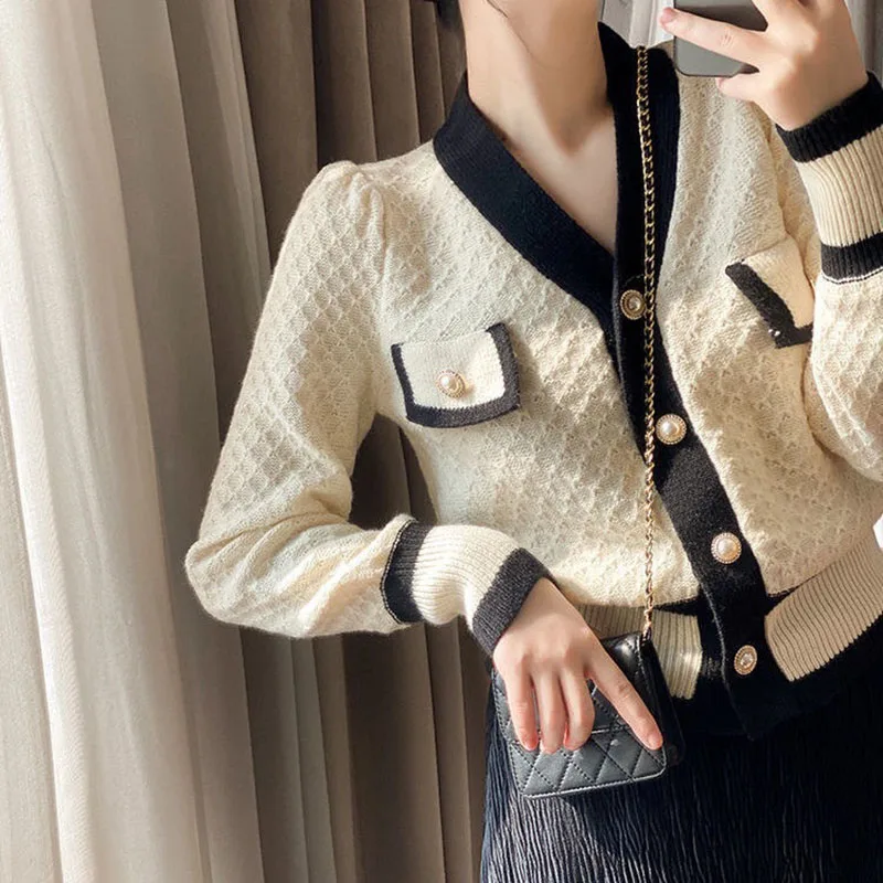 Korean Fashion Knit Sweater Women Autumn Winter V Neck Single Breasted Cardigans Chic Slim Crop Tops Casual Female Coats