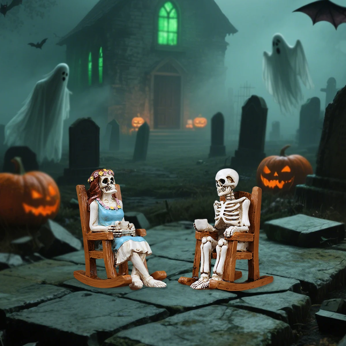 2 Stück Lounge-Stühle für Kaffee, Skelett-Paar, Halloween-Heimdekoration, Ornamente, Gothic-Gartendekoration für den Außenbereich, Bonsai Sta