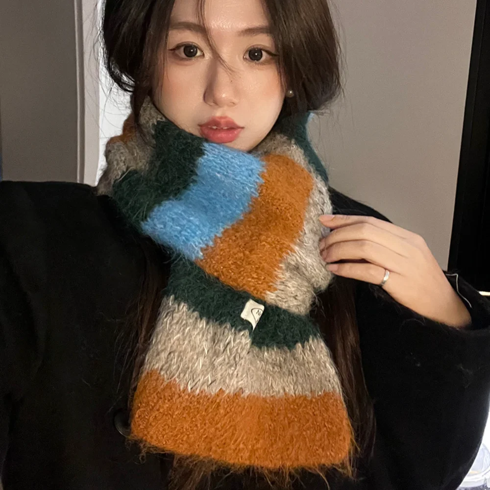 Striped Contrast Color Scarf With Wool Knitted Autumn and Winter Warm Versatile Woolen Scarf Neck Warmer Neckerchief Versatile