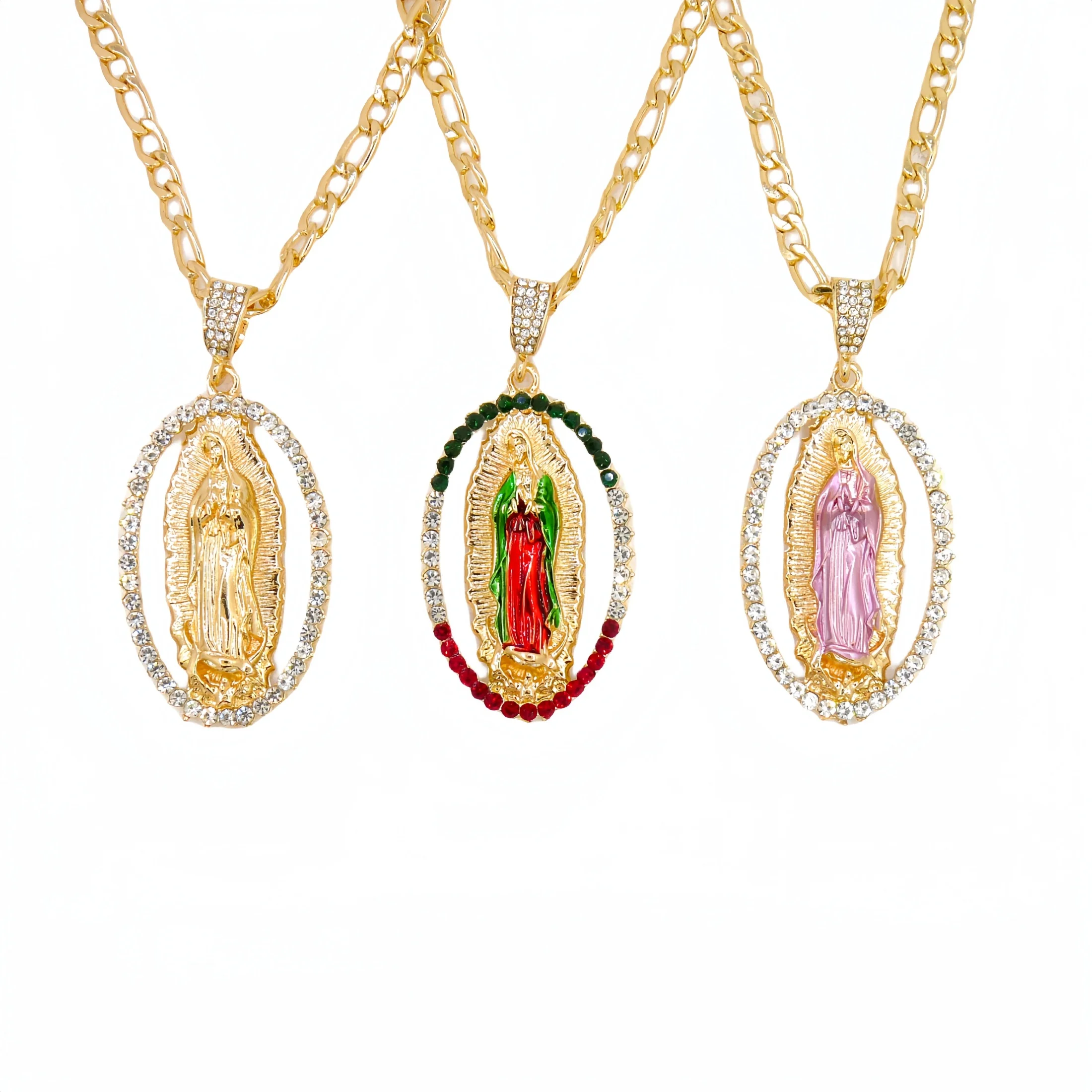 24 in Figaro Chain  Virgin Mary Necklace Alloy Gold Plated Virgin Mary Pendant/Amulet Religious Jewelry Virgen de guadalupe