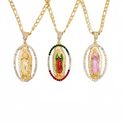 24 in Figaro Chain Gold Plated Virgin Mary Necklace Virgen de guadalupe Pendant/Amulet Religious Jewelry