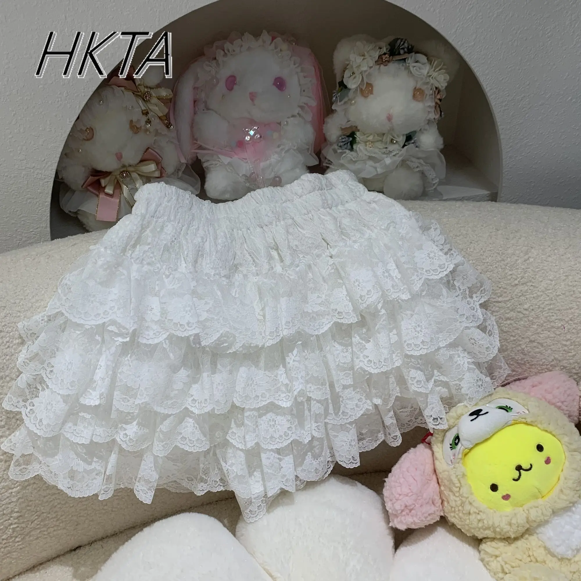 달콤하고 귀여운 캐스케이드 화이트 퍼프 숏 스커트 퀼로트 여성 카와이 캐주얼 하이웨이스트 레이스 여름 케이크 로리타 버드 미니 스커트 소녀