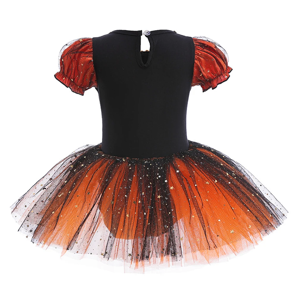 2023 New Halloween Carnival Children Witch Costume Girls Purple Orange Puff Sleeve Tulle Ballet Tutu Dress Sequin Dance Clothing