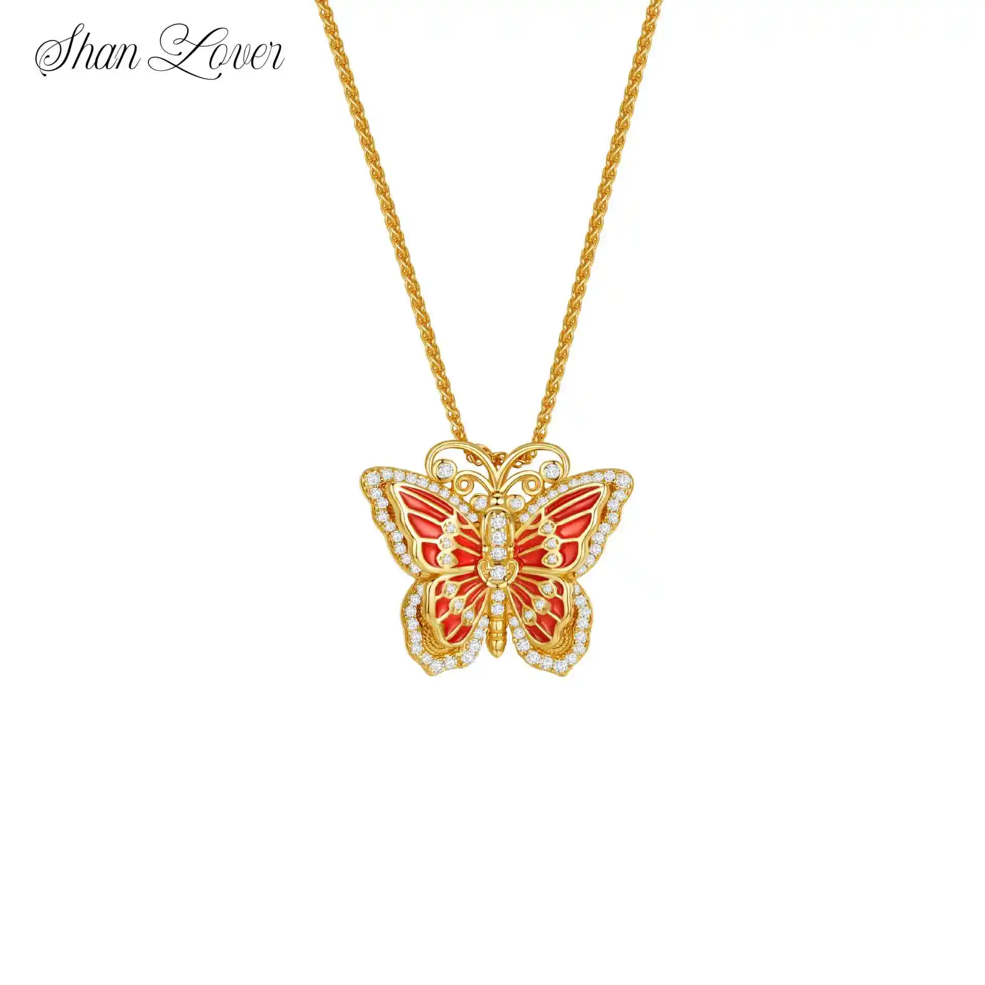 

ShanLover Brand Newest Red Wing Butterfly Necklace Luxury 18k Gold Plating Real 925 Sterling Silver Pendant Necklaces For Women