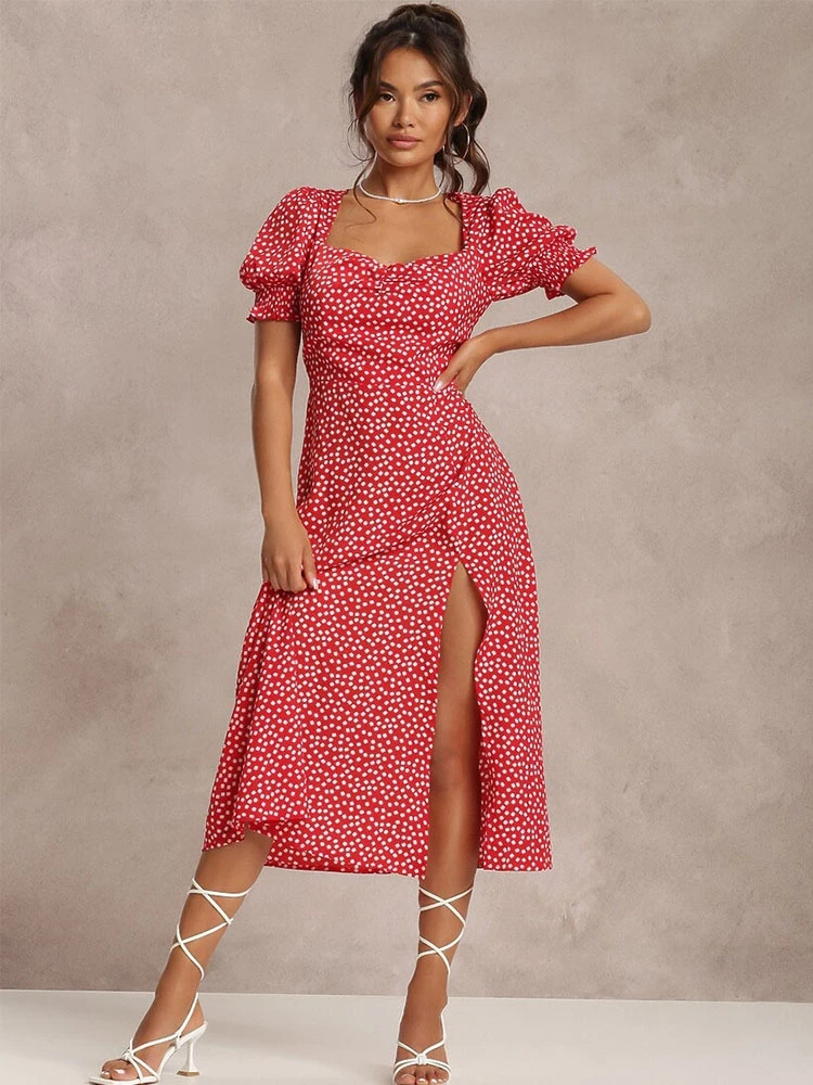 فستان صيفي قصير بياقة مربعة وشق جانبي، تصميم زهري عادي، تنورة قصيرة للنساء، مصنوع من ألياف البوليستر، خصر متوسط، قصة A-line، ...