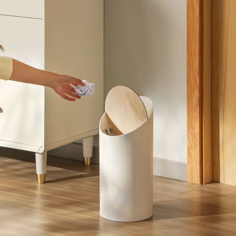 

Cream Wind Garbage Bin Automatic Rebound Flip Cap Storage Bin Household Living Room with Pressure Ring Oblique Mouth Garbage Bin