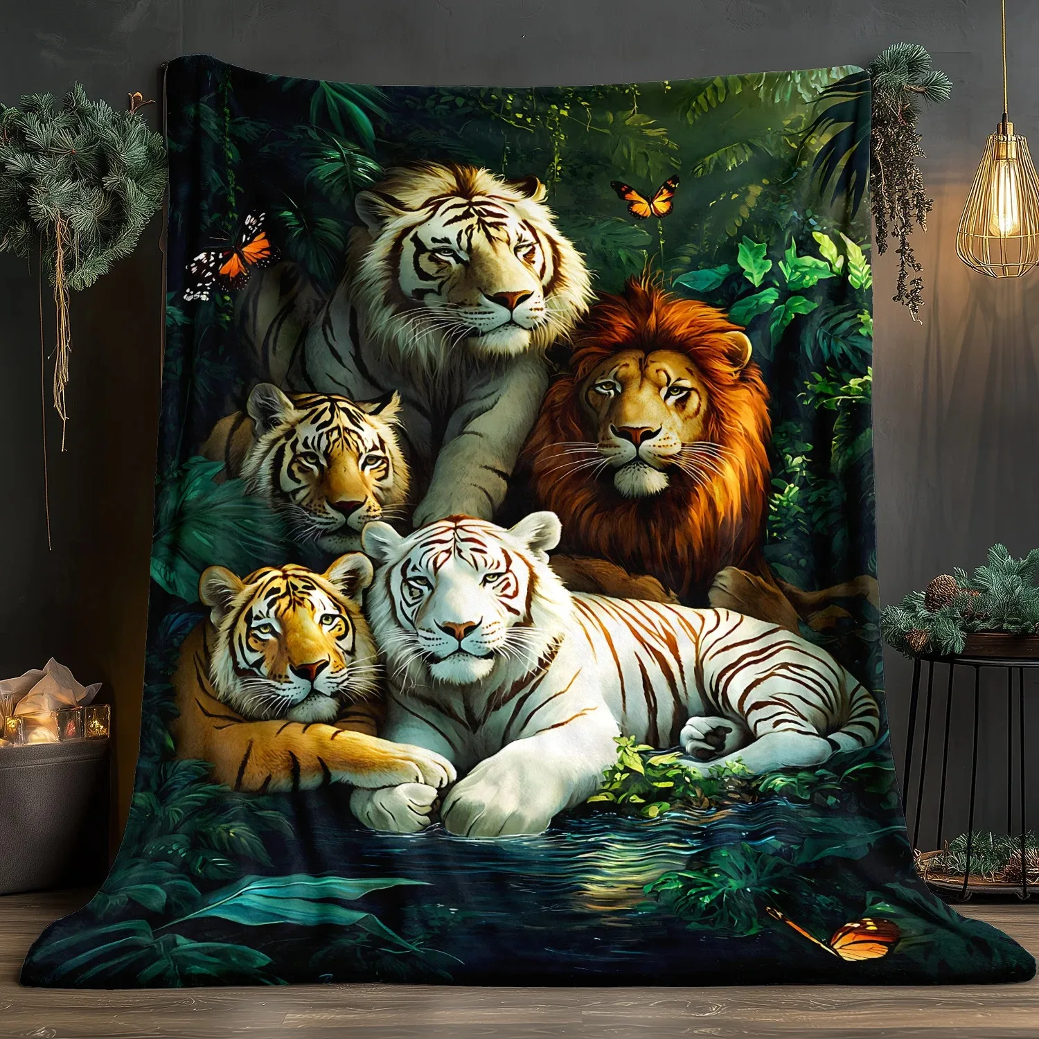 

Портативное фланнелевое одеяло с изображением тигров и львов (1 шт.) - легкое, для дивана, путешествий, кемпинга, гостиной, офиса - мягкое и теплое