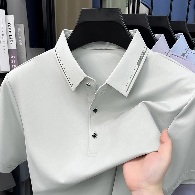 Light luxury men's short sleeve polo shirt fashion ice silk breathable summer new comfort high-end letter printed lapel T-shirt