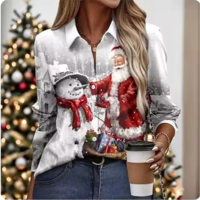 New Christmas style womens long sleeved button up shirt with a collar personalized comfortable and elegant party shirt for women