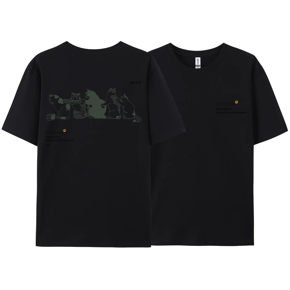 

Japan Harajuku Queuing Cat Fun Printing T-Shirts Loose Oversized Short Sleeve Fashion Casual Clothing Soft Cotton Hip Hop Tees