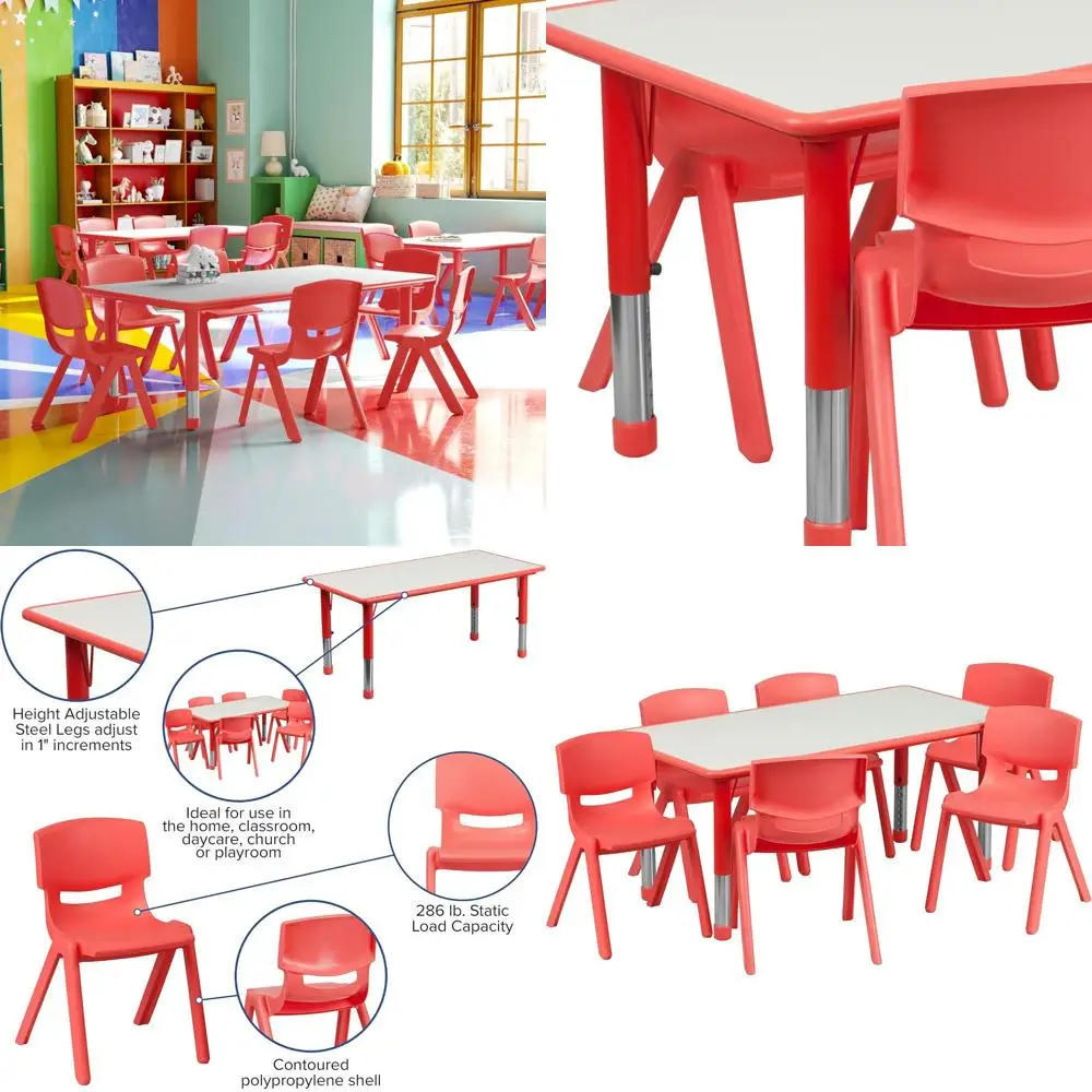 طاولة أنشطة بلاستيكية حمراء طويلة بعرض 23.625 من EMMA & OLIVER مع 6 كراسي
