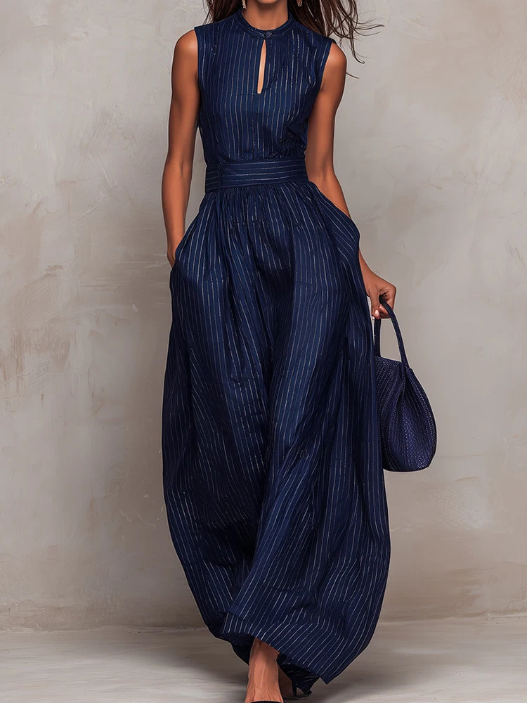 

O Neck Sleeveless Fashion Chic Jumpsuits, Women Summer Wide Leg Pants Simple Playsuits, 2026 Striped Patchwork Ladies Bodysuits