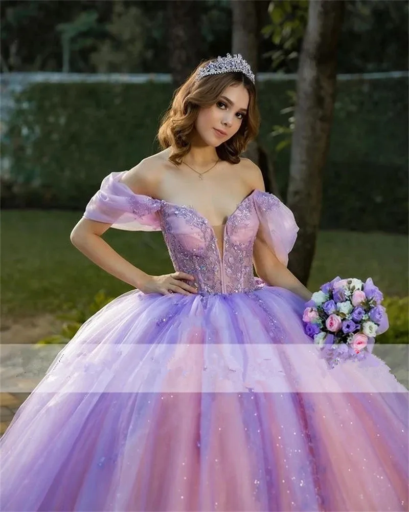 

ANGELSBRIDEP Glittering Lavender Princess Ball Gown Quinceanera Dresses Off the Shoulder Appliques Crystal Sweet 15 Prom Gowns