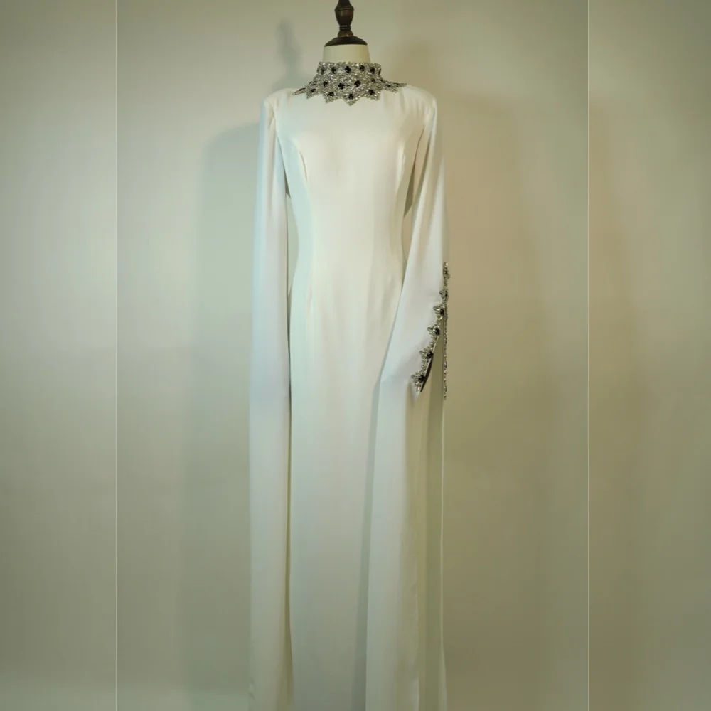 

Customized Exquisite Jersey Sequined Pleat Straight High Collar Long Dresses Bespoke Occasion Quality Formal