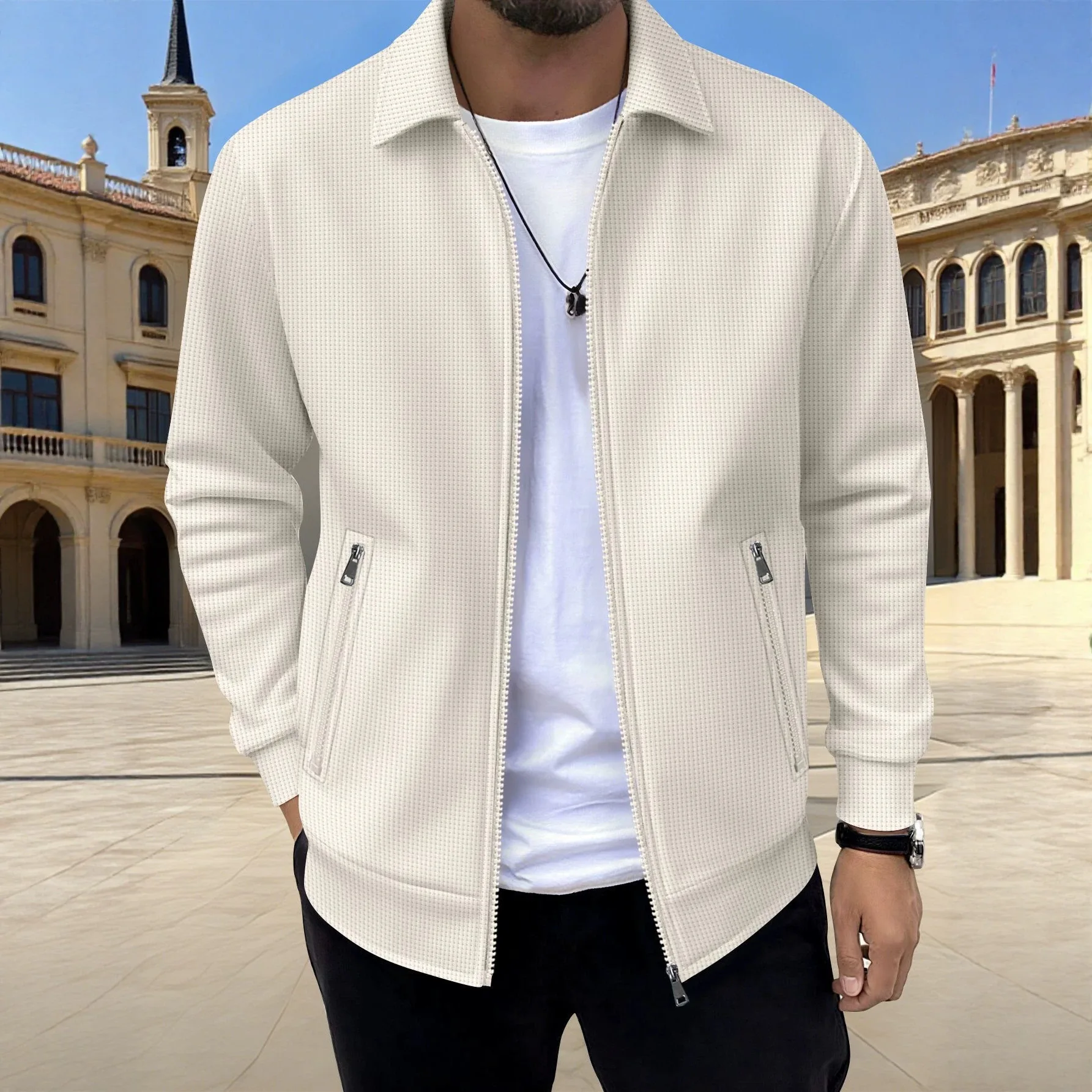 Herren-Waffelstrickjacke mit Knöpfen und Reißverschluss – Langer, lässiger Mantel mit Reißverschluss und Reißverschlusstaschen – unverzichtbar für Einkäufe und Verabredungen – Detail 5