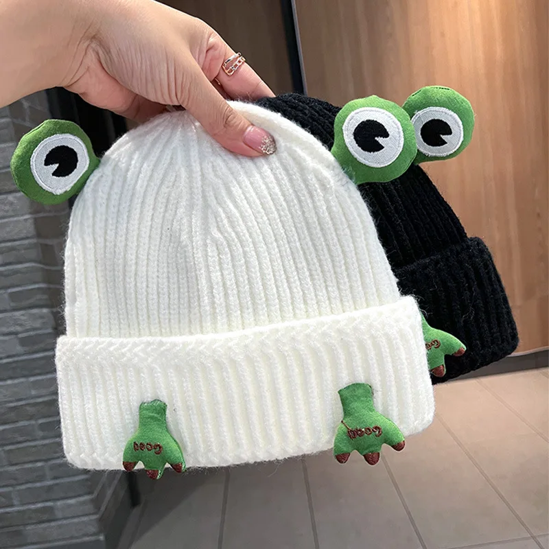 Autumn Frog Cute Beanie For Women Winter Kpop Thicken Warm Knitted Hat Fashion Student Skullies Cold Cap Streetwear