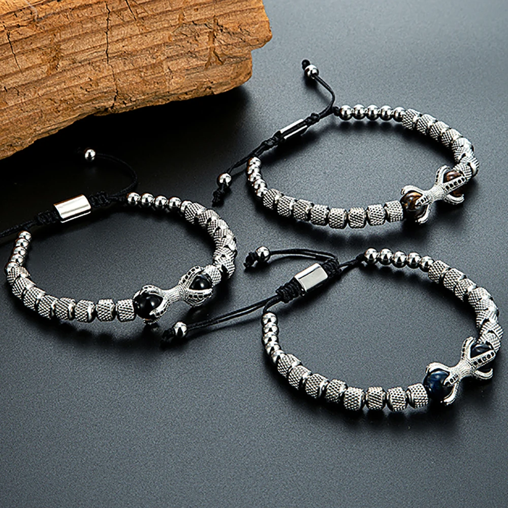 Stainless Steel Octopus Beaded Bracelet for Men Women Natural Tiger Eye Black Onyx Stone Adjustable Braided Rope Jewelry Gifts