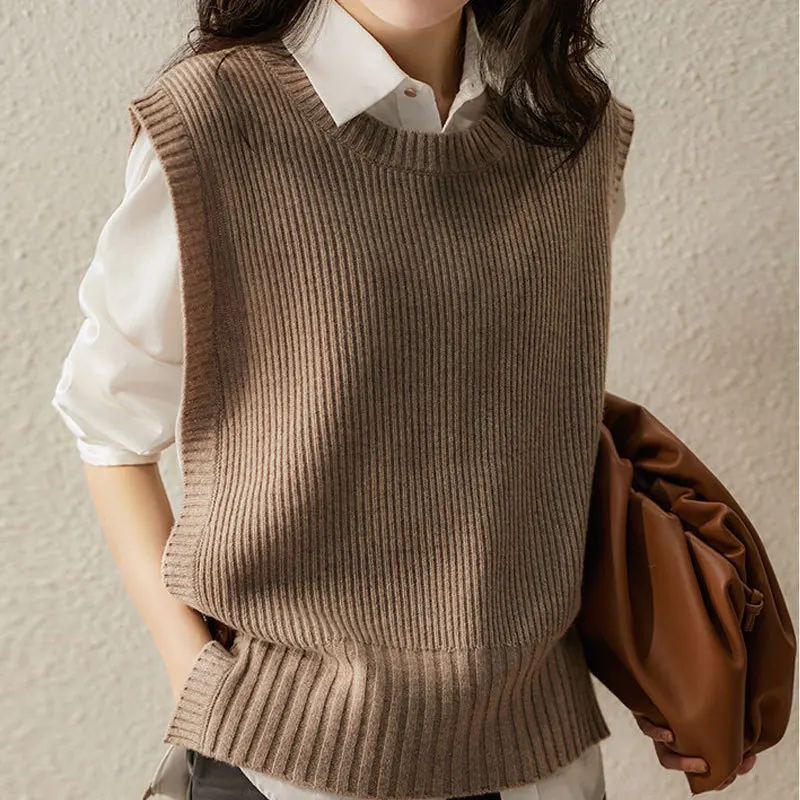 Hot Selling Knitted Vest For Women Solid Sleeveless Pullovers Casual Sweater Side Split Fork Tank Tops 2024 Korean Girl Clothing