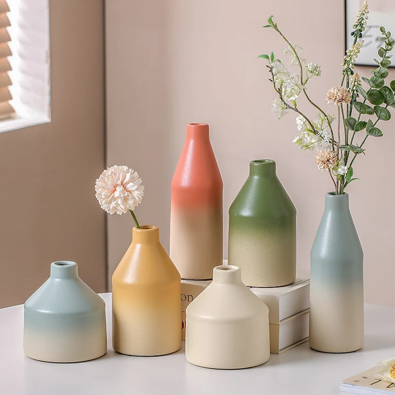 Nordic style gradual change color Morandi ceramic vase light luxury hydroponic flower arrangement  vases living room decoration