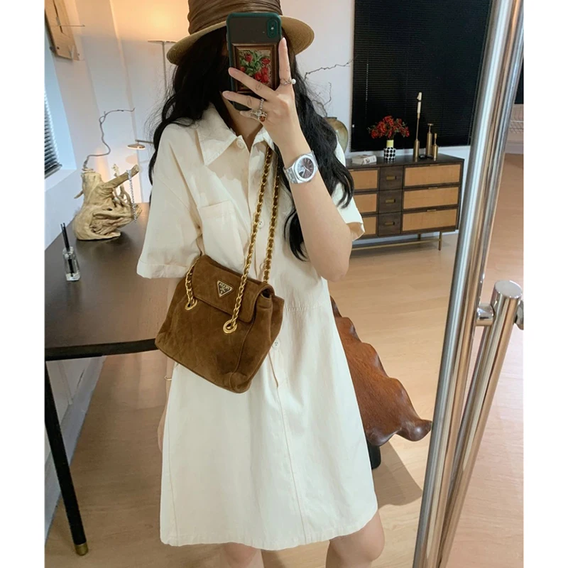 Fashion Lapel Button Pockets Solid Color Casual Dress Female Clothing 2024 Summer New Loose Short Sleeve Young Style Shirt Dress