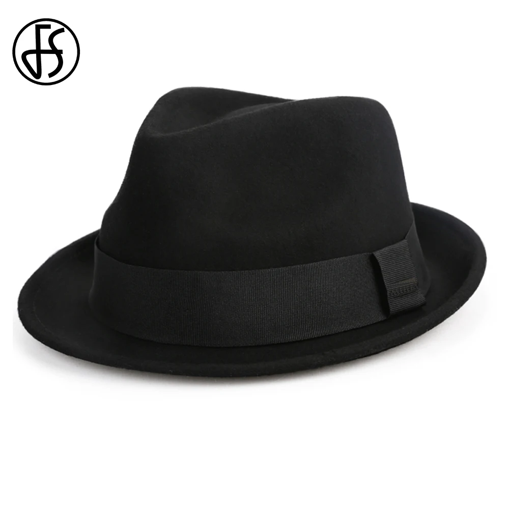 FS Vintage Black Pork Pie Hats Men Unisex Church Jazz Hat Gentlemen Wool Felt Fedoras Ribbon Trilby Panama Gangsters Cap Winter