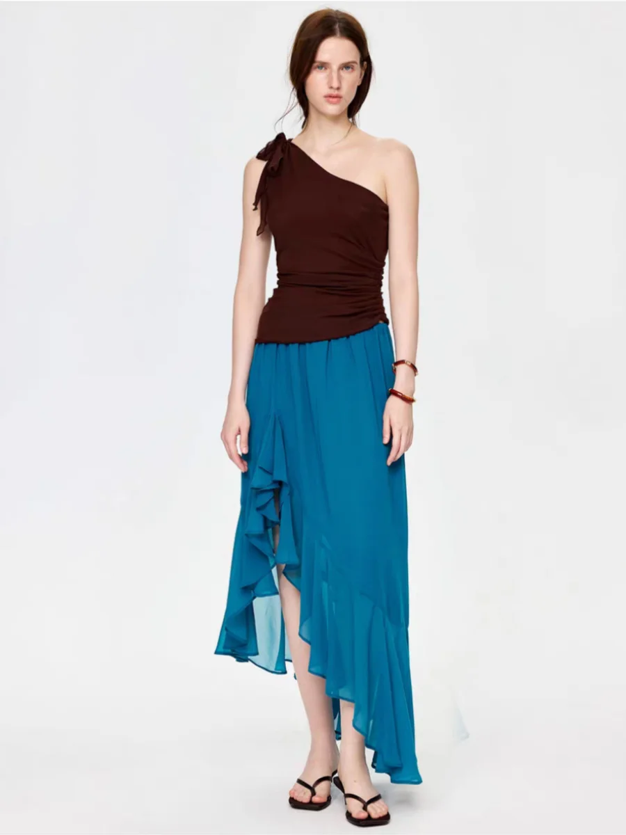 Saias de Chiffon para Mulheres, Saia Irregular Preta de Cintura Baixa, Moda Premium Y2K, Tendência de Verão, Saia Longa Casual Vintage