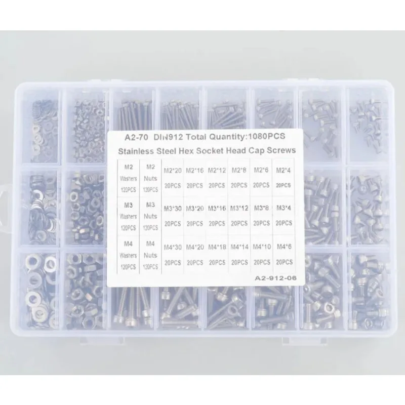 1080PCS M2/M3/M4 304 Stainless Steel HEX Socket Head Cap Screws Set for RC Model Vehicles