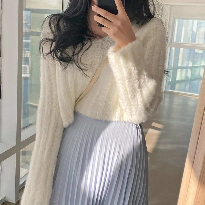 V-neck Short Knit Pullovers Women Fall Winter Korean Casual Loose Long-sleeved Sweater Tops 4 Colors