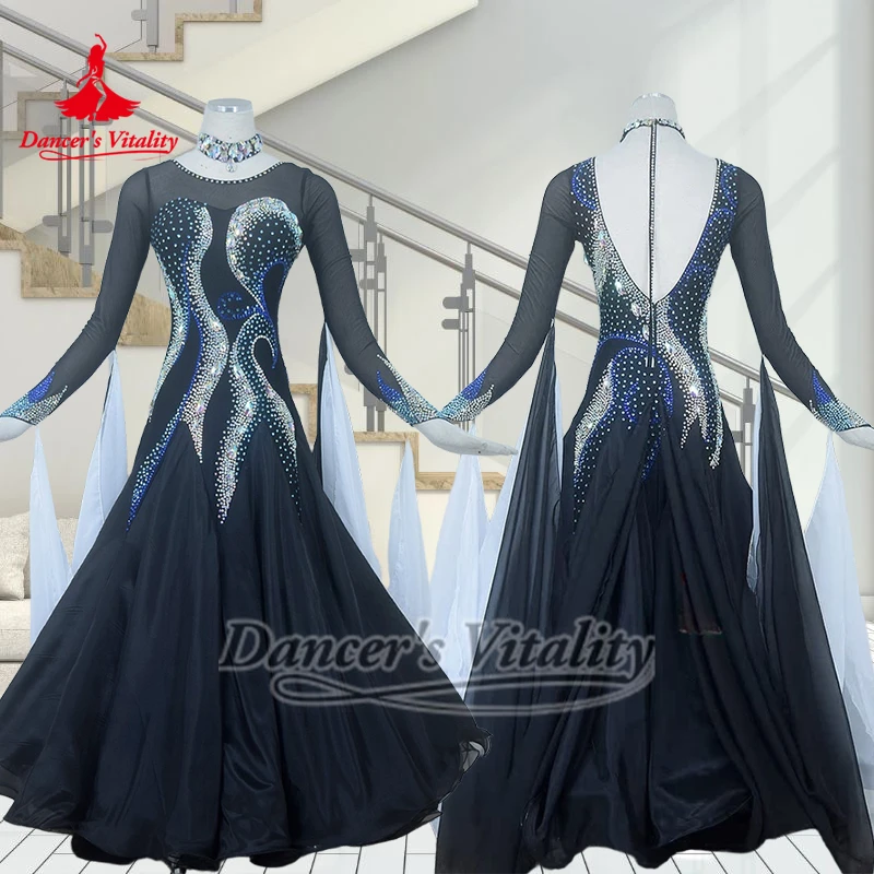 Black Ballroom Dance AB Stones Perform Dress with Necklace Advanced Custom Adult Waltz Tango Contest Clothing Dancer's Vitality