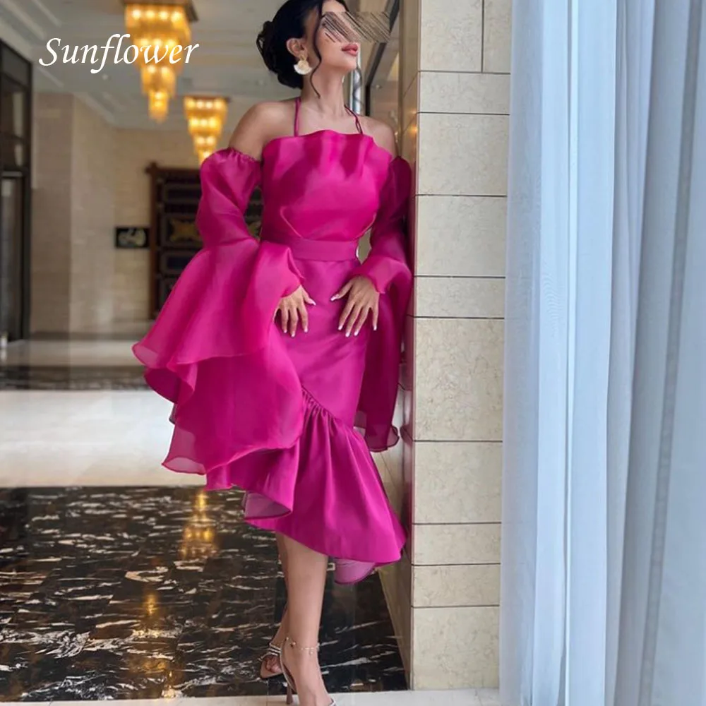 Sunflower Halter Prom Gowns Bell-bottomed Sleeve Mermaid Evening Dress Slim Ruffles Party Dress 2023 Satin High-end Custom