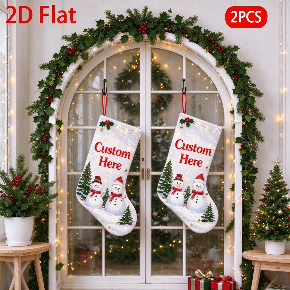 Custom 2D Flat 2pcs Christmas Stockings, Holiday Decorative Socks, Decorative Christmas Stockings, Gift Bags for Family Friends