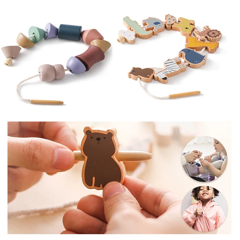 Kids Wooden Montessori Threading Toys Hands-on Ability Animal Button Beaded Blocks Puzzle Educational Toy Baby Gifts YZ7