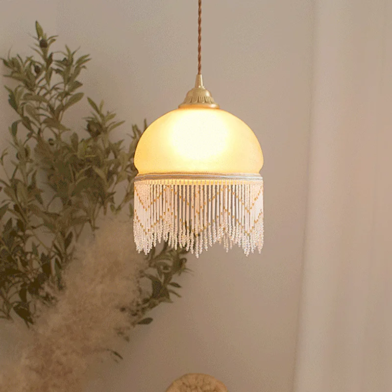 

Full copper glass tassel pendant light creative bedroom bedside lighting fixture LED kitchen island dining room hanging lamps