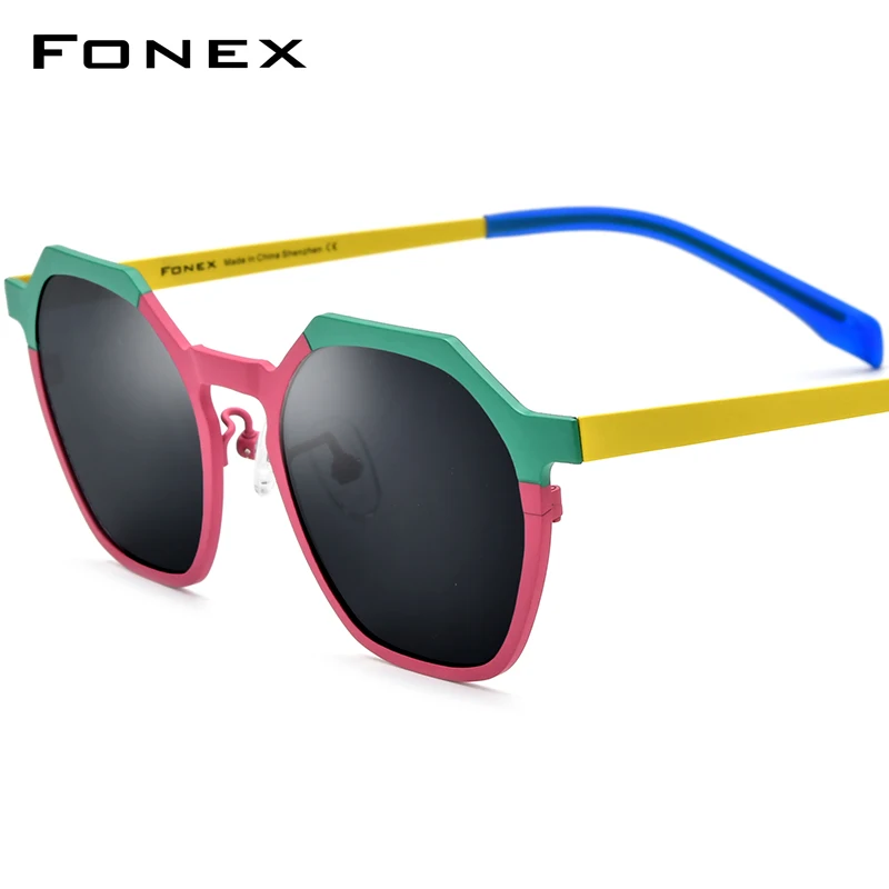 FONEX Pure Titanium Sunglasses Men 2024 New Colorful Retro Fashion Polygon Polarized Sun Glasses for Women UV400 Shades F85814T