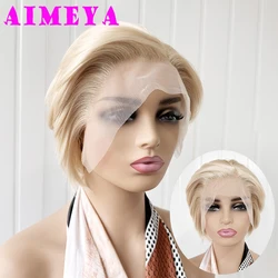 AIMEYA Blonde Short Wigs for Women Girls Natural Looking Pixie Cut Lace Front Wig Heat Resistant Synthetic Hair Wig Daily Use