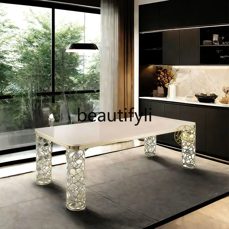 Light luxury travertine dining table and chair combination high-end hollow square table stainless steel dining table