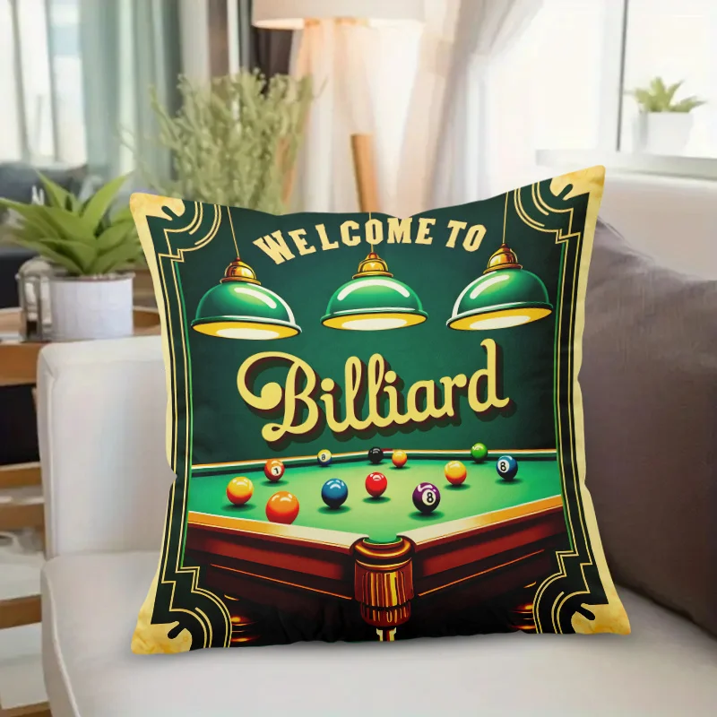 1pc Vintage Billiard Room Welcome Slogan Throw Pillow Cover,Suitable for Sofa,Bedroom,Living Room,Stylish Gift for Billiards Fan