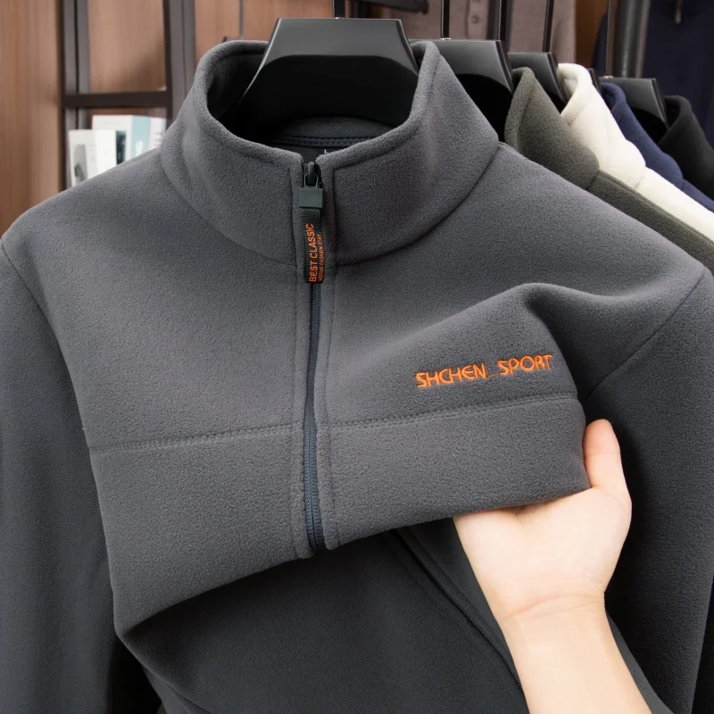 سترة رجالية فاخرة عالية الجودة شتاء جديد مبطنة بالصوف سميكة التطريز الساخن الوقوف طوق بلون سستة الترفيه MensTops #6