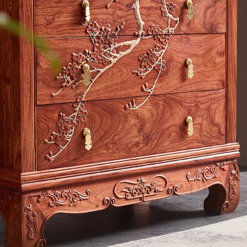 Red wood carving flower chest cabinet, hedgehog red sandalwood rosewood locker, new Chinese solid wood storage side cabinet